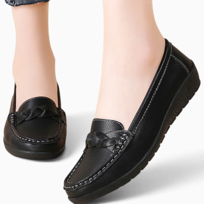 Mocassins chunky femme noir worn look, élégance désinvolte en croûte de cuir souple