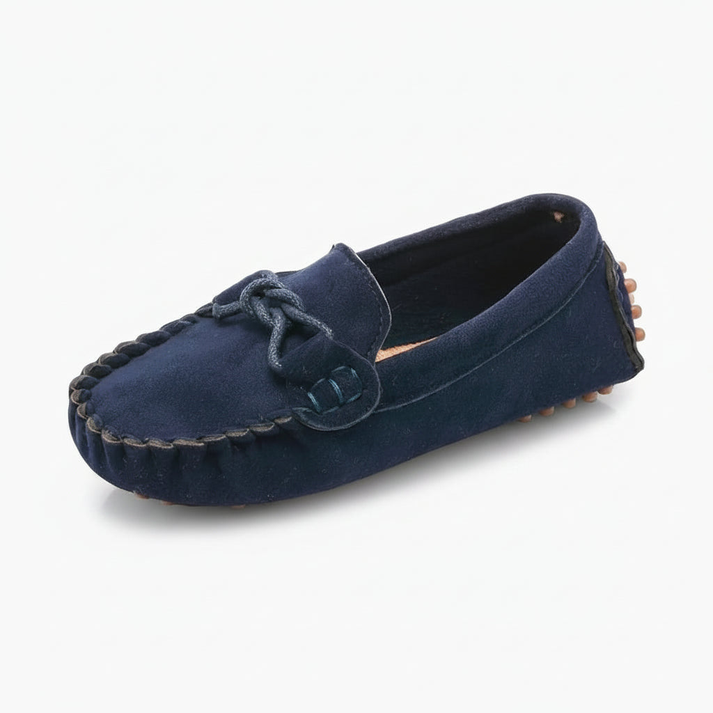 Mocassins semelle crantée bleu marine pour enfant, vue de dessus montrant la semelle antidérapante