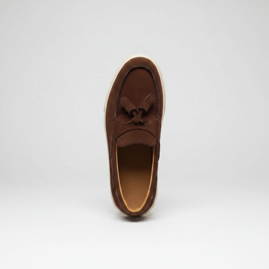 Mocassins semelles épaisses en cuir suédé bleu, vue de profil avec talon renforcé