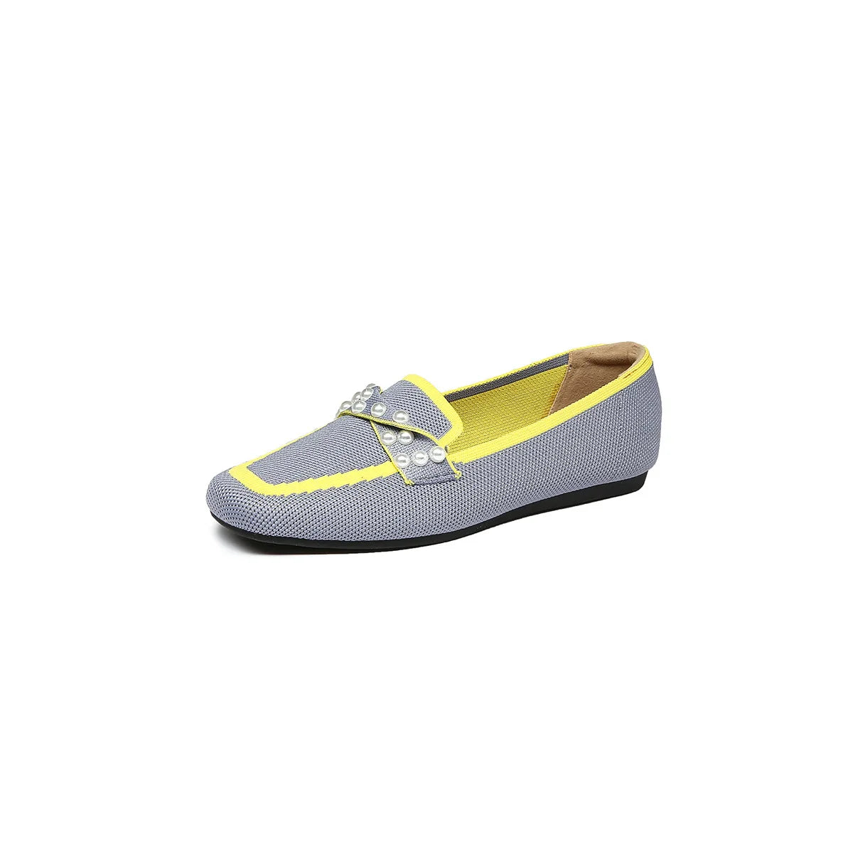 Mocassin femme sans talons, coloris Gris à liseré jaune