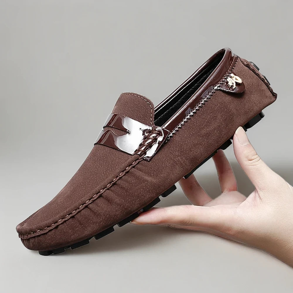 Mocassin homme grande taille en cuir marron sans lacet